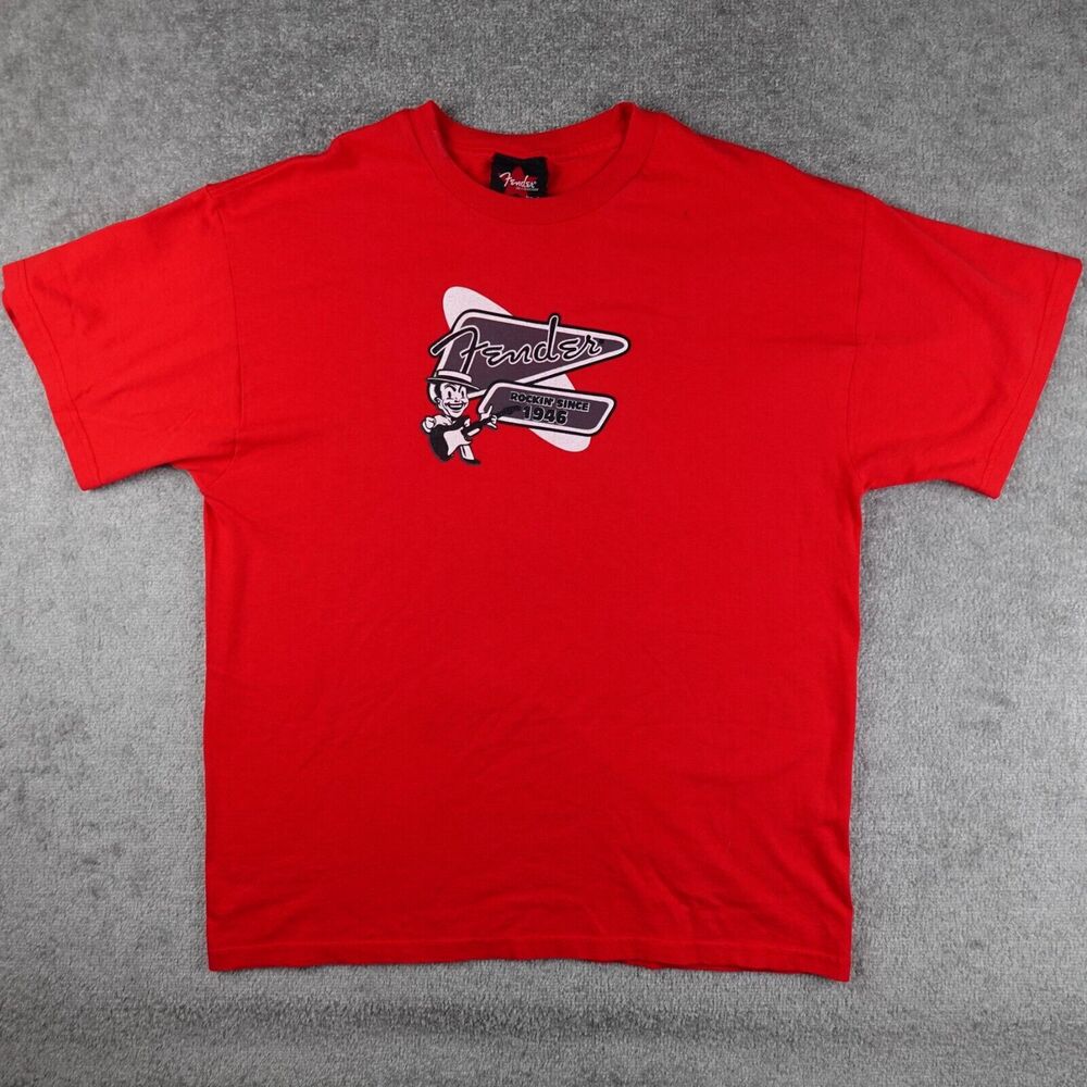 Vintage Fender Shirt Men's XL Red Noel Boggs Logo Graphic Rock n Roll Guitar Tee